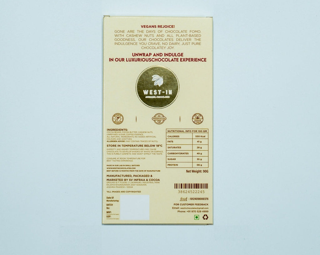 Chocolate packaging with West In logo and text on a light blue background