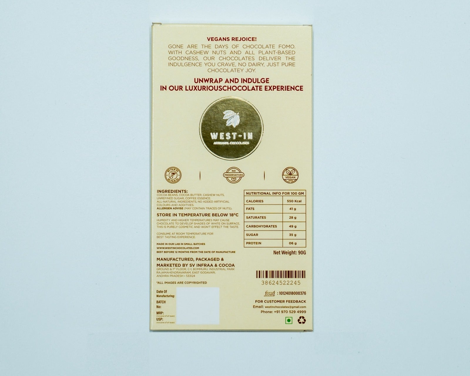 Chocolate packaging with West In logo and text on a light blue background