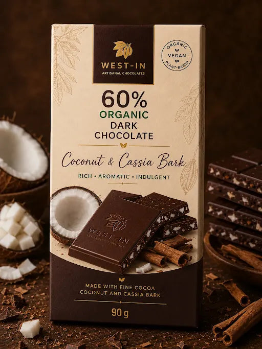 60% Organic Dark Chocolate – Coconut & Cassia Bark - 90G